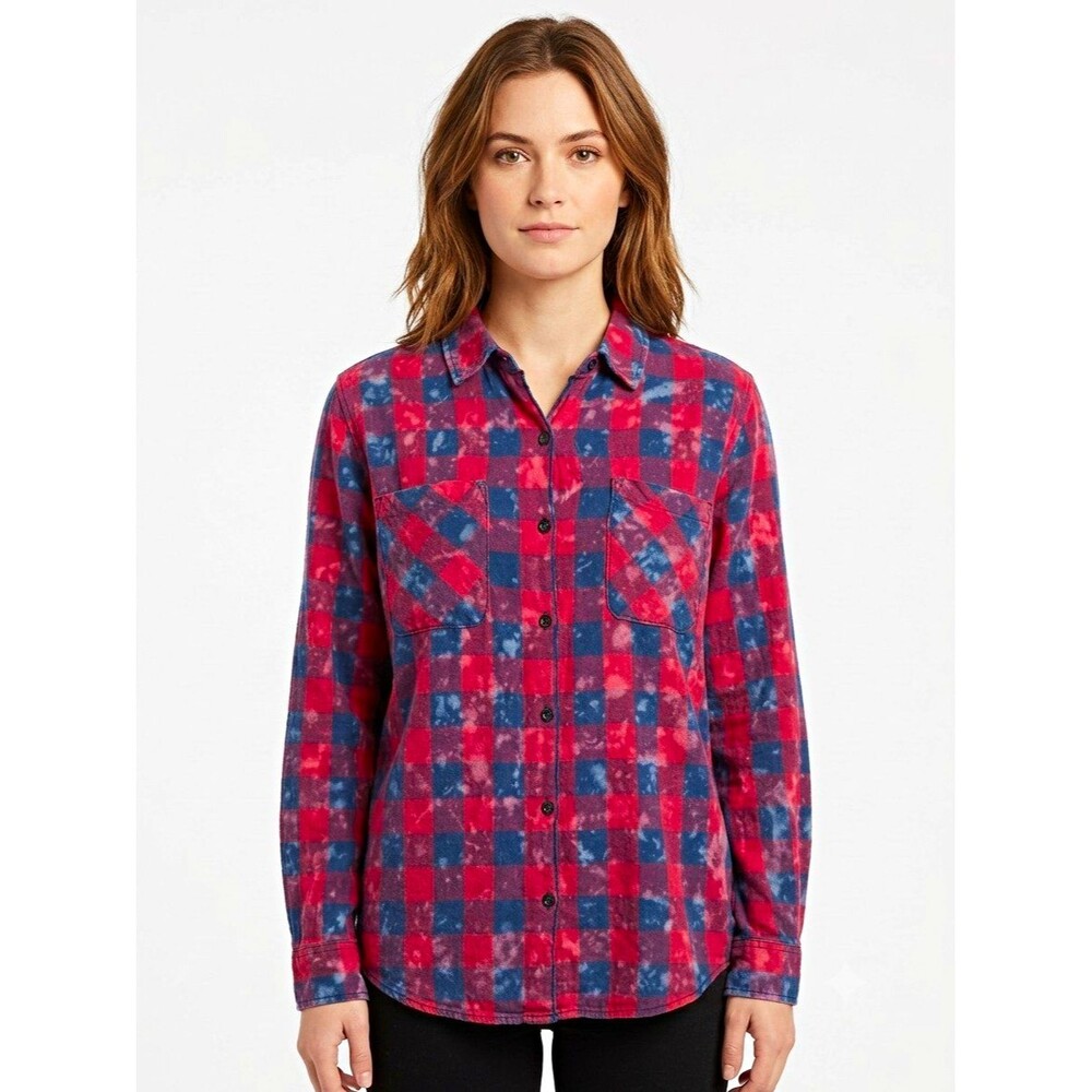 Hippie Laundry Womens Button Shirt L Red Blue Plaid TIE DYE LS Pockets Flannel